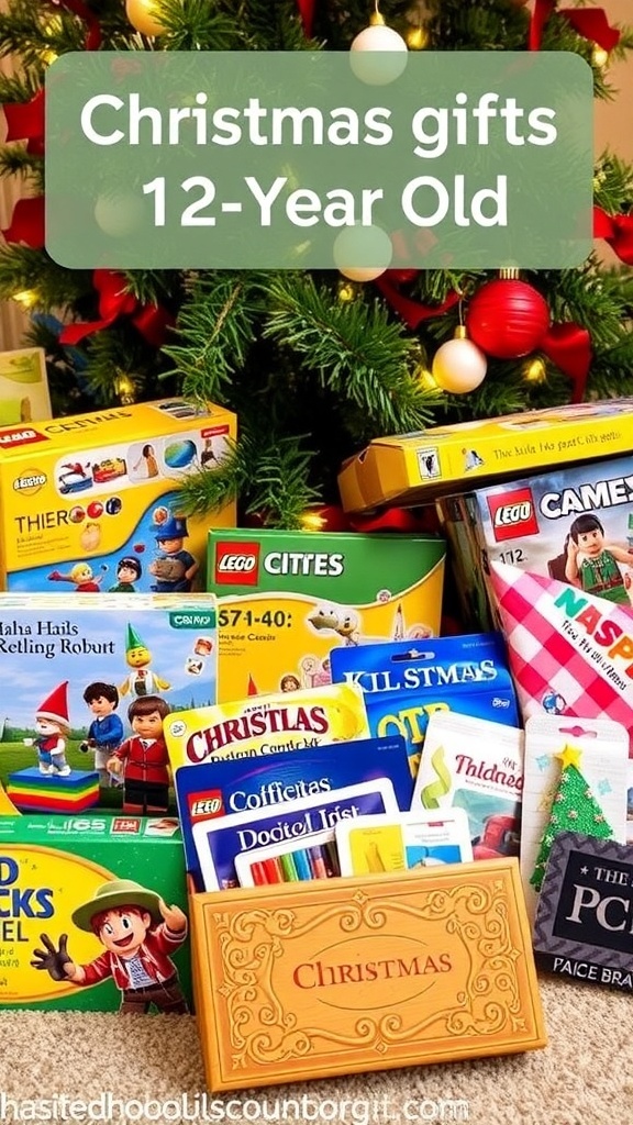 Christmas Gift Ideas for 12-Year-Olds A collection of Christmas gifts for a 12-year-old, including LEGO, books, and games, under a Christmas tree.